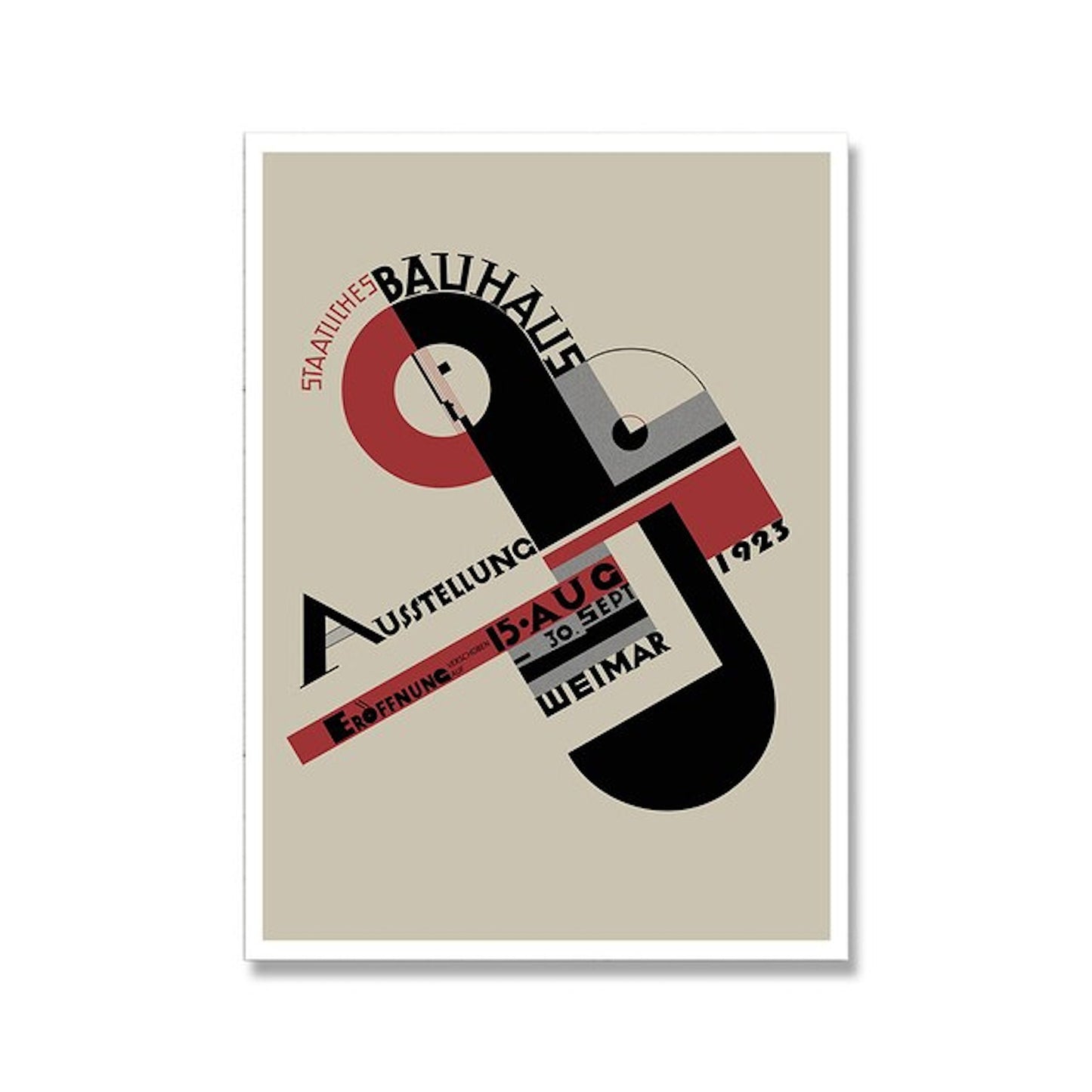 Künstlerisches Poster der Bauhaus-Ausstellung 1923, das kreative Typografie und lebendige Farben kombiniert. Ein inspirierendes Kunstwerk von justgoodmood für Ihr Zuhause.