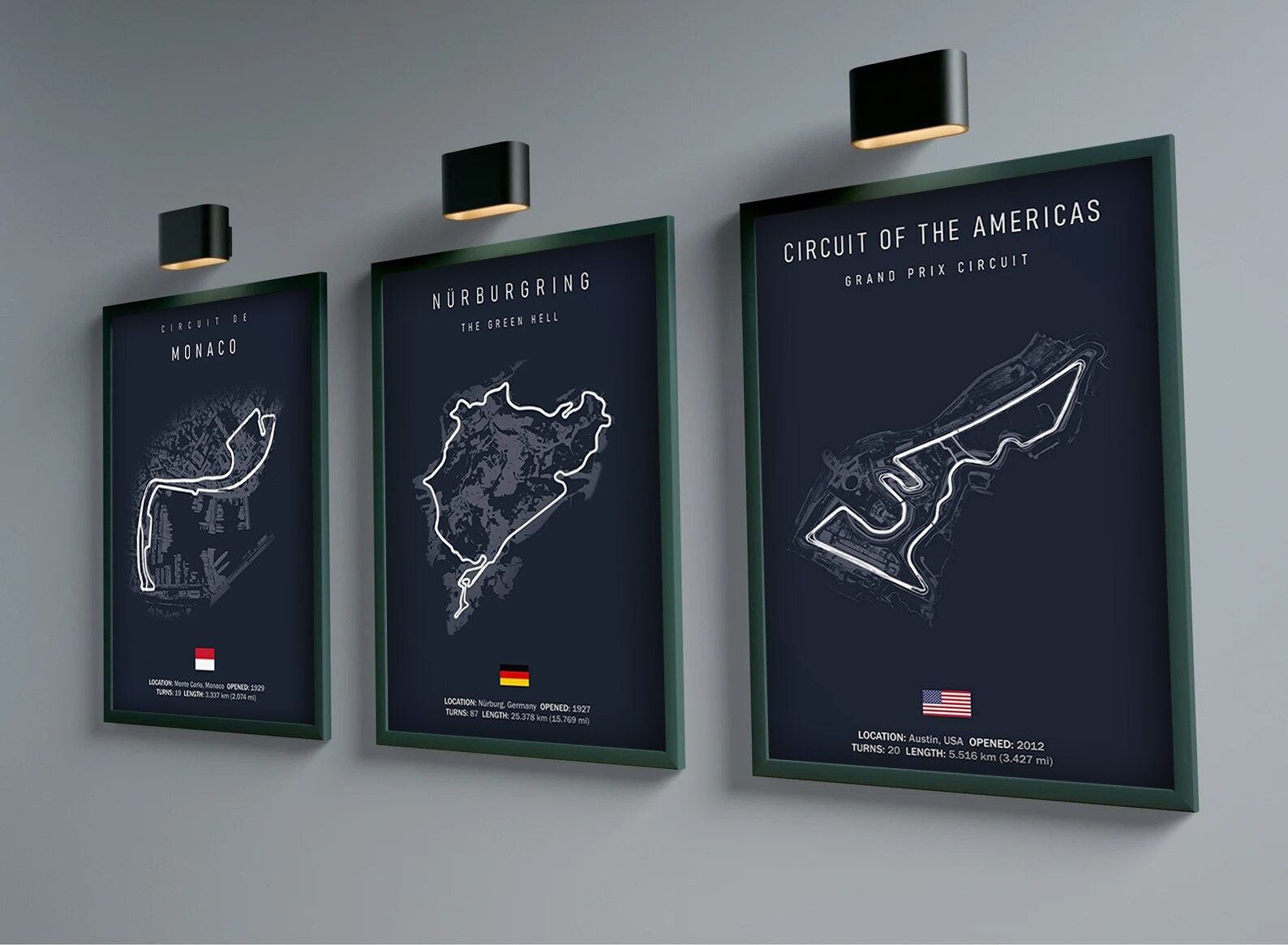 Stylische Poster von Formel 1 Rennstrecken, einschließlich Circuit de Monaco, Nürburgring und Circuit of the Americas, ideal für Motorsportfans. Hochwertiger Deko Print von justgoodmood. Formel 1 Kalender 2025.