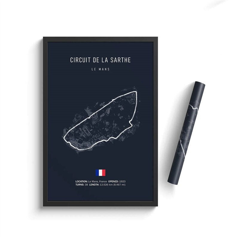 Hochwertiges Poster des Circuit de la Sarthe in Le Mans, Frankreich, mit minimalistischer Darstellung der Rennstrecke. Ideal als Deko-Print für Formel 1-Fans von justgoodmood.