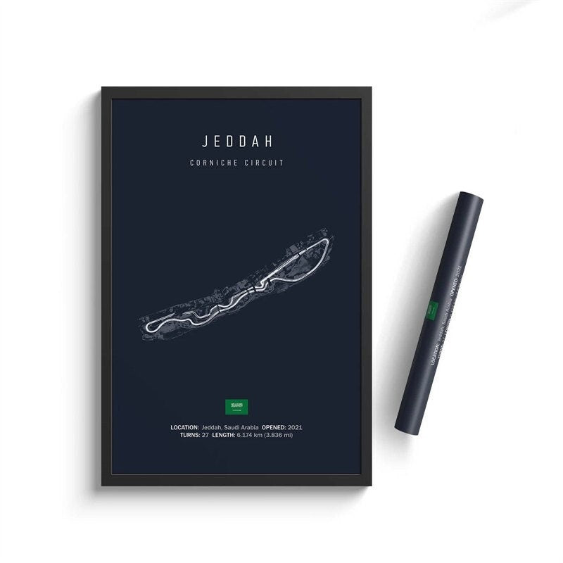 Elegantes Poster des Corniche Circuit in Jeddah, Saudi-Arabien, mit klarer Rennstreckengrafik. Ein Muss für Formel 1-Fans, erhältlich bei justgoodmood.
