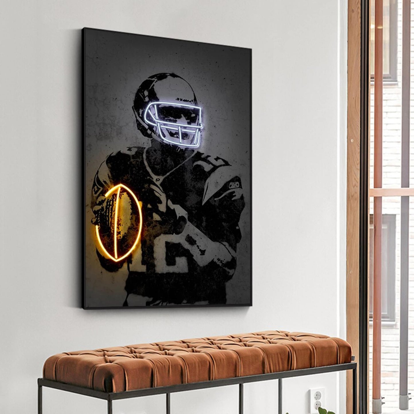 Sportliches Poster eines Football Spielers mit neonleuchtendem Ball und Helm als Deko Print von justgoodmood, ideal für Fußballfans.