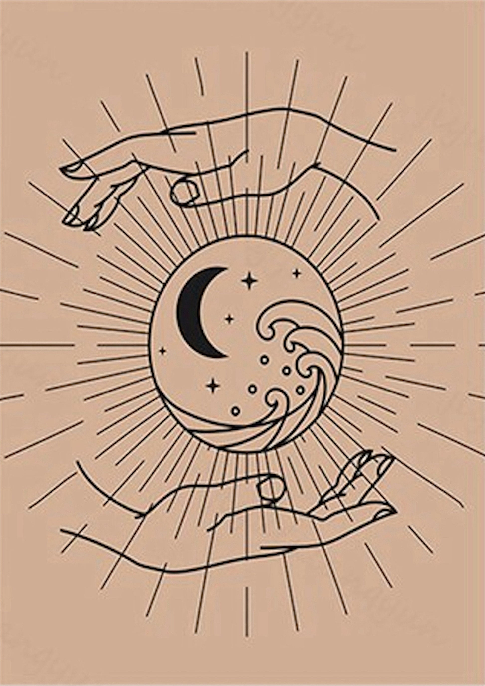 Schickes Poster von justgoodmood: „Sonne, Mond und Sterne“ – eine elegante Darstellung von Händen, die die Welt mit Mond und Sternen halten, perfekt für kreative Wände!