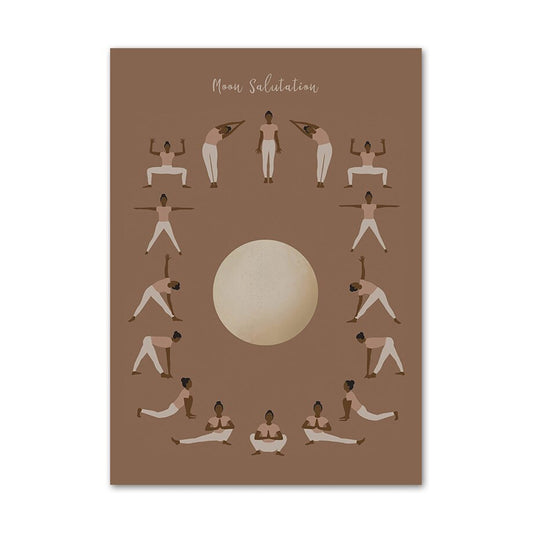 Filigranes Poster 'Manifestierung und Körperhaltungen zum Mond' von justgoodmood, das die verschiedenen Körperhaltungen auf einem warmen Hintergrund zeigt, perfekt für kreative Wandgestaltung.