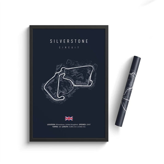 Poster des Silverstone Circuits für den Formel 1 Kalender 2024 von justgoodmood, markante Darstellung des legendären Rennkurses.