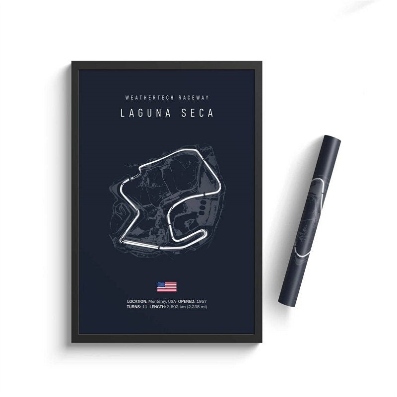 Laguna Seca Poster für den Formel 1 Kalender 2024 von justgoodmood, zeigt die beeindruckende Rennstrecke in stilvollem Design.