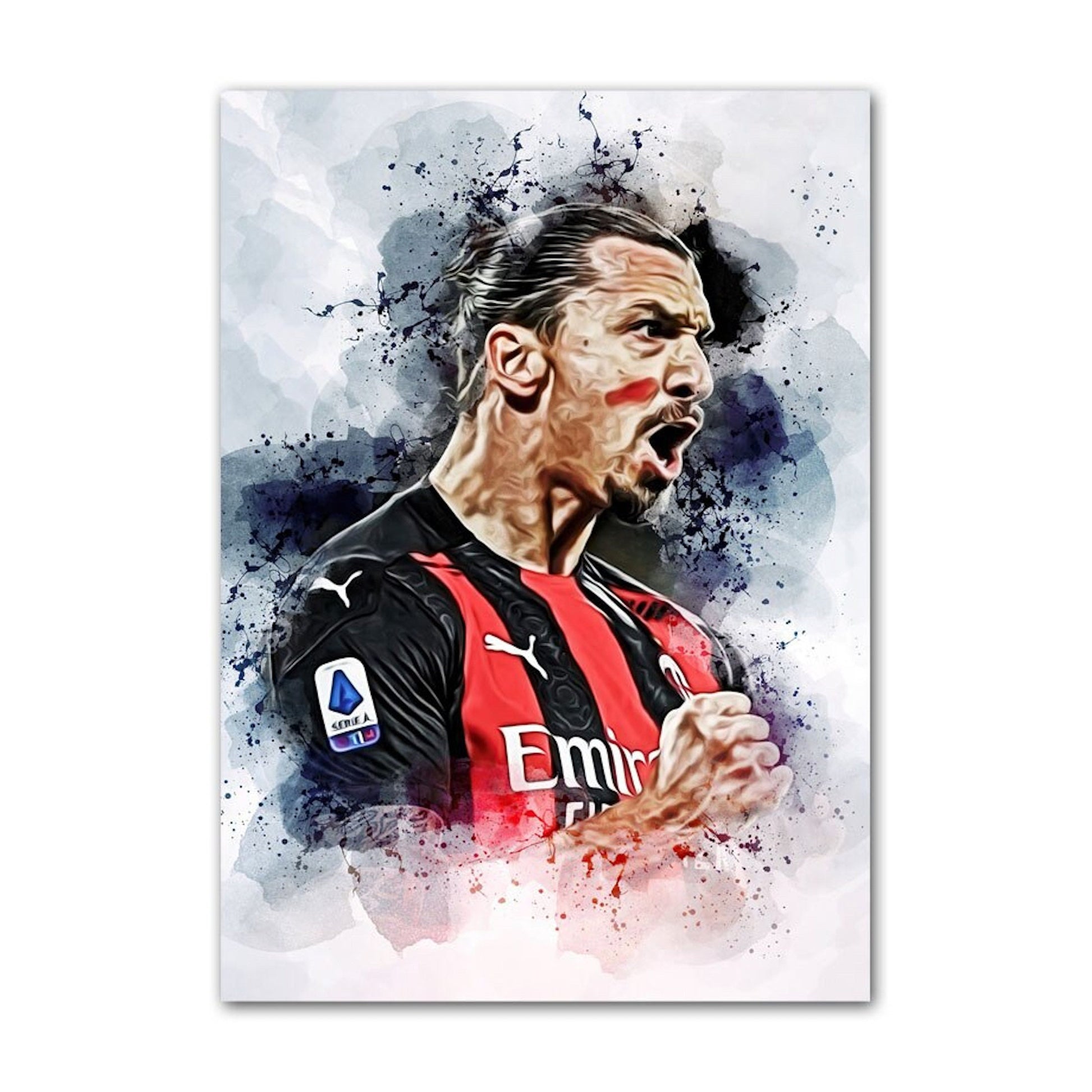 Eindrucksvolle Illustration eines engagierten Torjägers in einem AC Milan-Trikot, der jubelt. Unverzichtbares Deko-Element für Fans! Poster von justgoodmood, Titel: Poster Fußballspieler Paris Sant German Messi Mbappe Nejmar Jr und andere Spieler als Deko Print ohne Rahmen.