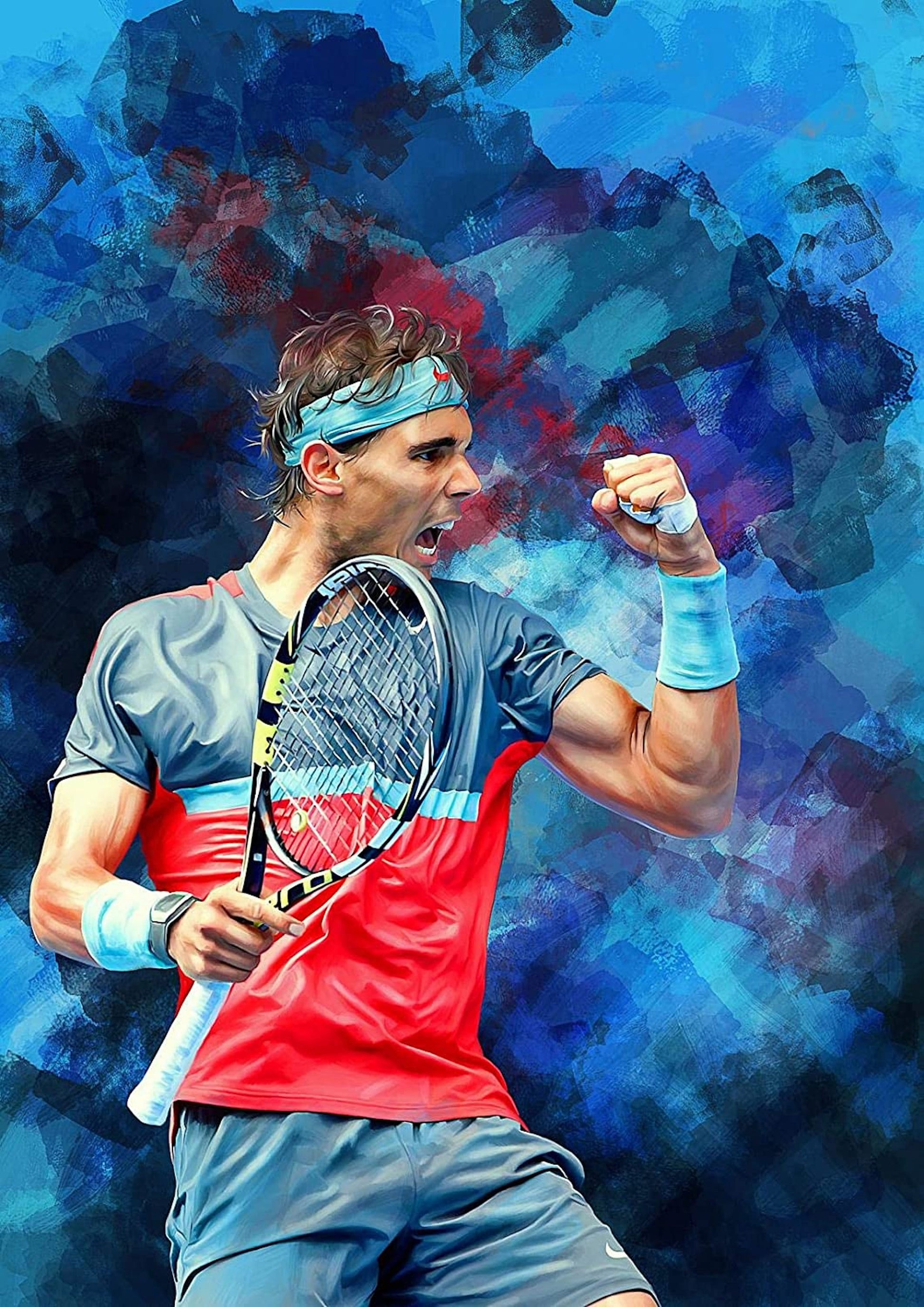 Energiegeladenes Poster von Rafael Nadal beim Feiern, ein tolles Deko Print ohne Rahmen von justgoodmood.