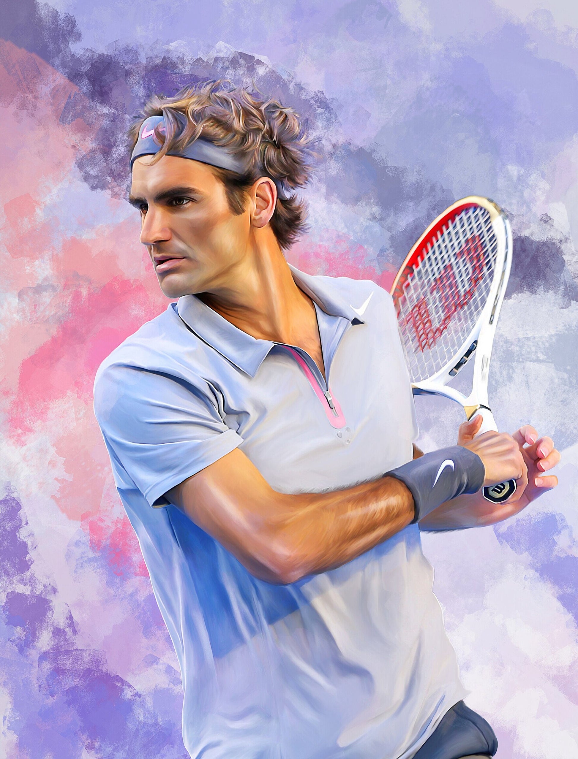 Kreatives Poster von Roger Federer als Deko Print ohne Rahmen, erhältlich bei Justgoodmood. Federer posiert elegant in einem blauen Trikot, umgeben von sanften Pastellfarben.