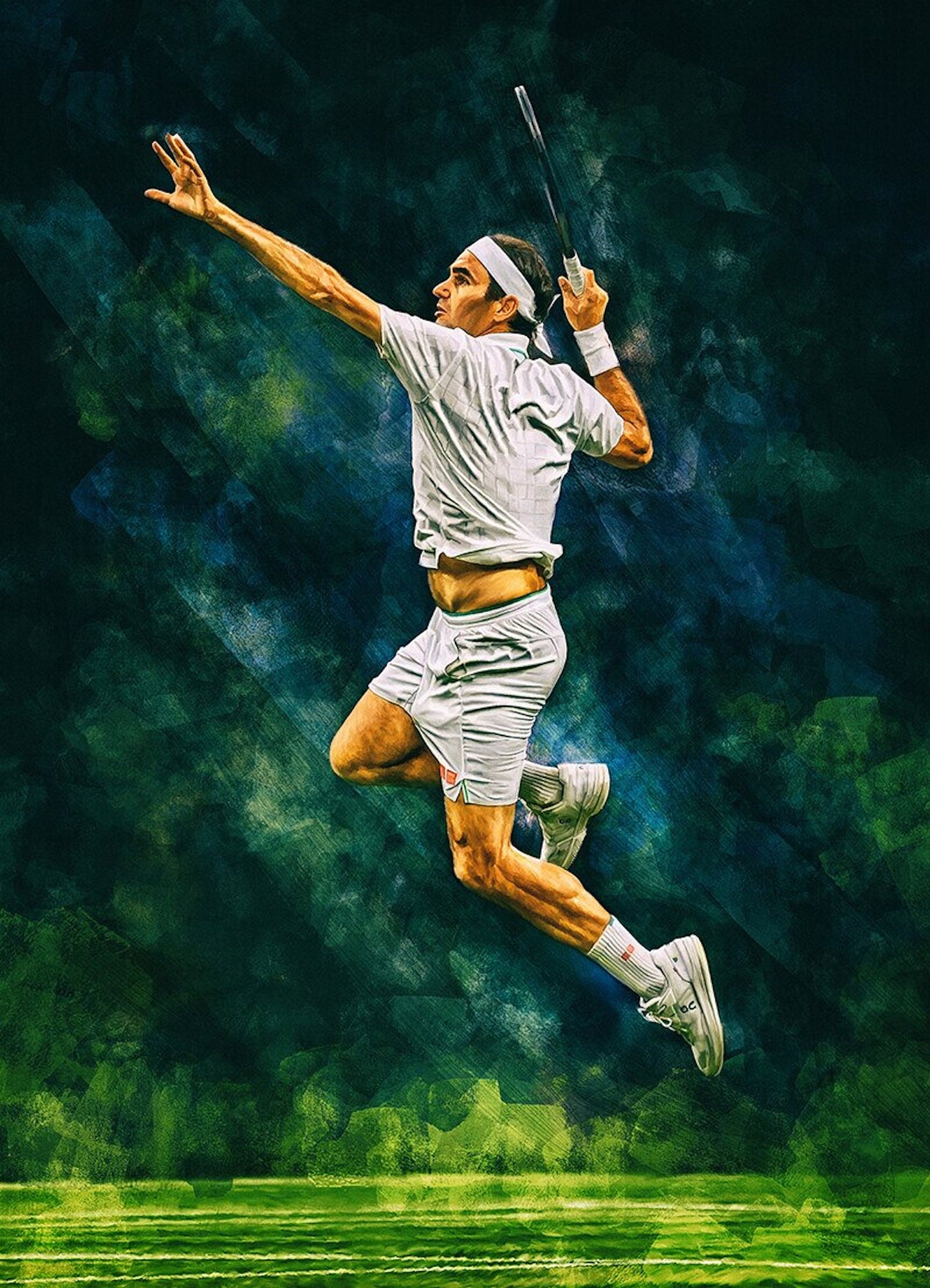 Dynamisches Poster von Roger Federer als Deko Print ohne Rahmen, verfügbar bei Justgoodmood. Federer springt begeistert, während er einen Aufschlag ausführt. Ideal für jeden Tennissport-Fan.