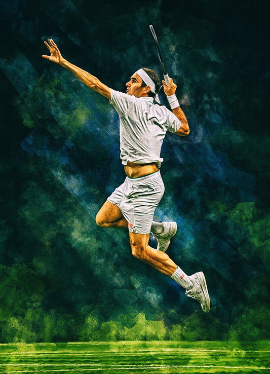 Dynamisches Poster von Roger Federer als Deko Print ohne Rahmen, verfügbar bei Justgoodmood. Federer springt begeistert, während er einen Aufschlag ausführt. Ideal für jeden Tennissport-Fan.