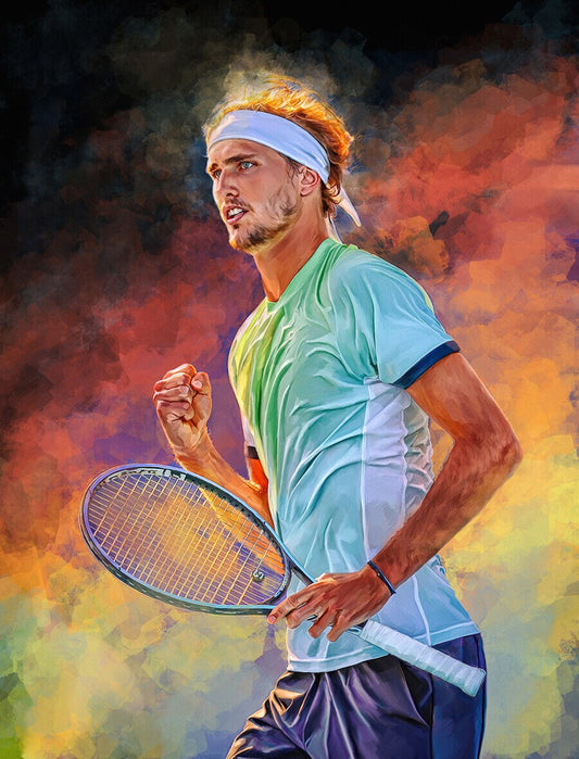 Dynamischer Tennis Spieler mit Erfolgsemotionen, idealer Deko Print für Sportbegeisterte, Poster von justgoodmood - Tennis Spieler Jubel und Sieger Pokal.