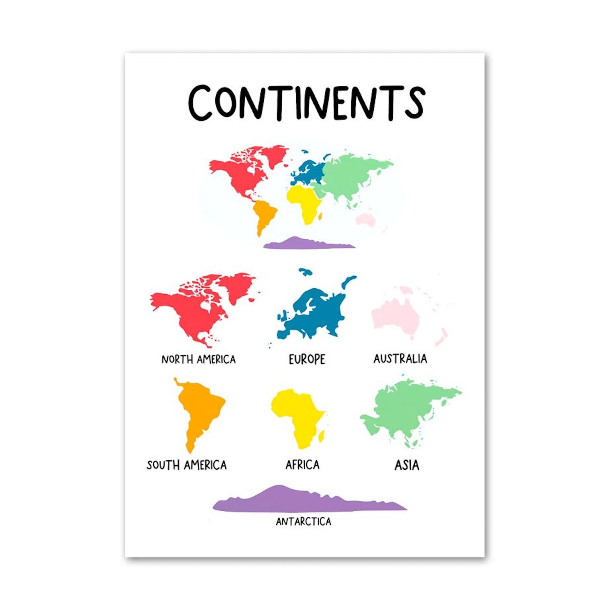 Farbenfrohes Poster von justgoodmood, das die Kontinente der Erde zeigt und Kinder auf eine spielerische Art und Weise über Geografie informiert. Ideal als Deko im Kinderzimmer.