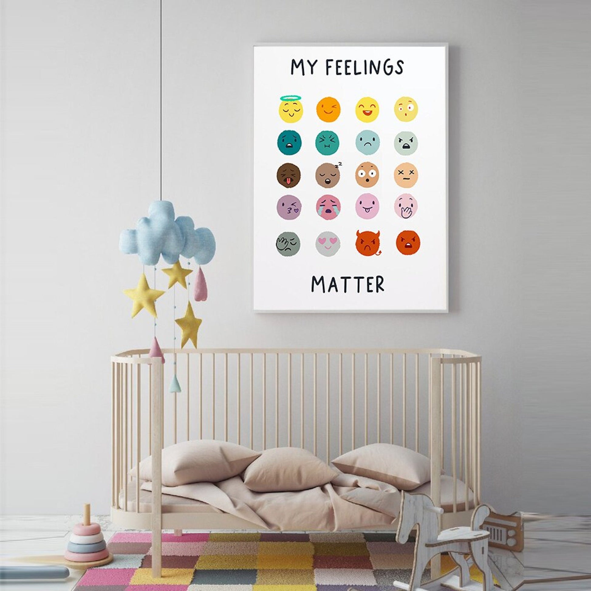 Frohes Kinderzimmer-Poster von justgoodmood mit Emojis, die Gefühle darstellen und die Botschaft "MY FEELINGS MATTER" zur Förderung der emotionalen Bildung. Dekorative Wandkunst für Kinderzimmer.