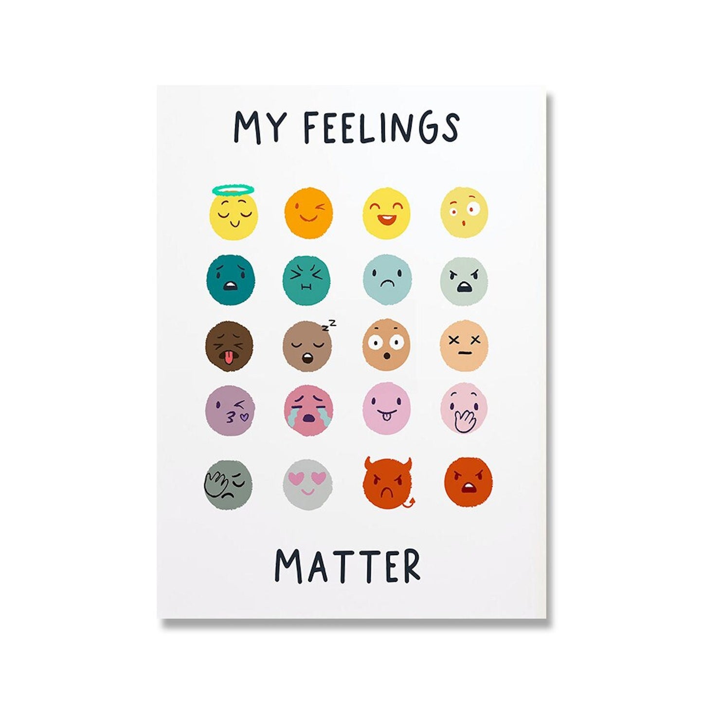Vibrantes Poster von justgoodmood mit verschiedenen Emoji-Gesichtern, die Gefühle anzeigen und den Schriftzug "MY FEELINGS MATTER" – Perfekt als lebendige Wanddekoration für Kinderzimmer.