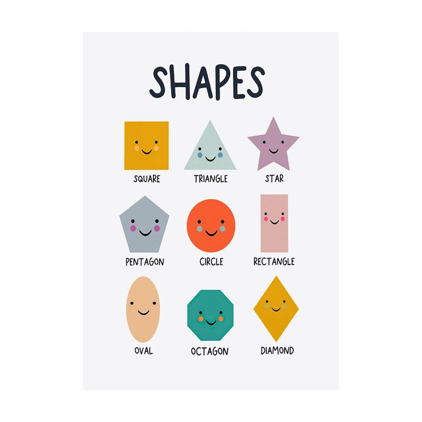 Niedliches Poster mit Formen: 'Schule Lernen Alphabet, Kontinente, Formen, Zahlen, Richtungen, Gemüse und Früchte' von justgoodmood. Perfekt zur Förderung des Lernens in einem kindgerechten Raum.