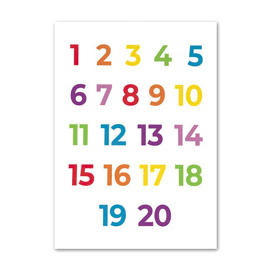 Farbige Lernposter mit den Zahlen von 1 bis 20 auf weißem Hintergrund. Perfekt für das spielerische Erlernen von Zahlen. Poster von justgoodmood.