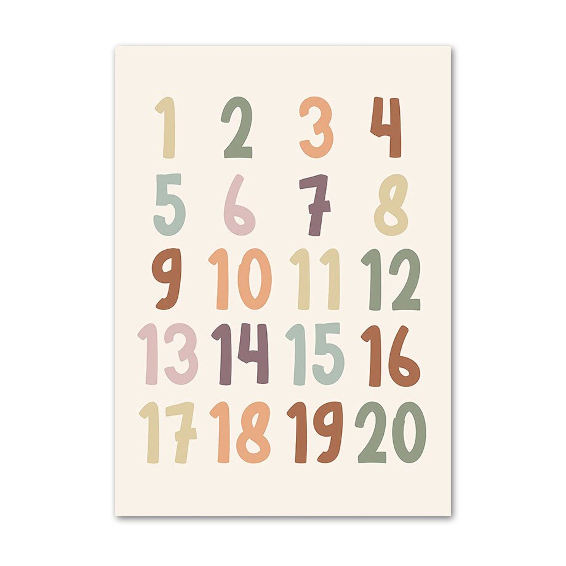 Farbenfrohes Poster von justgoodmood mit Zahlen von 1 bis 20, ideal für das Lernen von Zahlen im Kinderzimmer. Kinder Zahlen Wochentage Wetter Monate Jahreszeiten und Begrüßung als Deko Print ohne Rahmen.