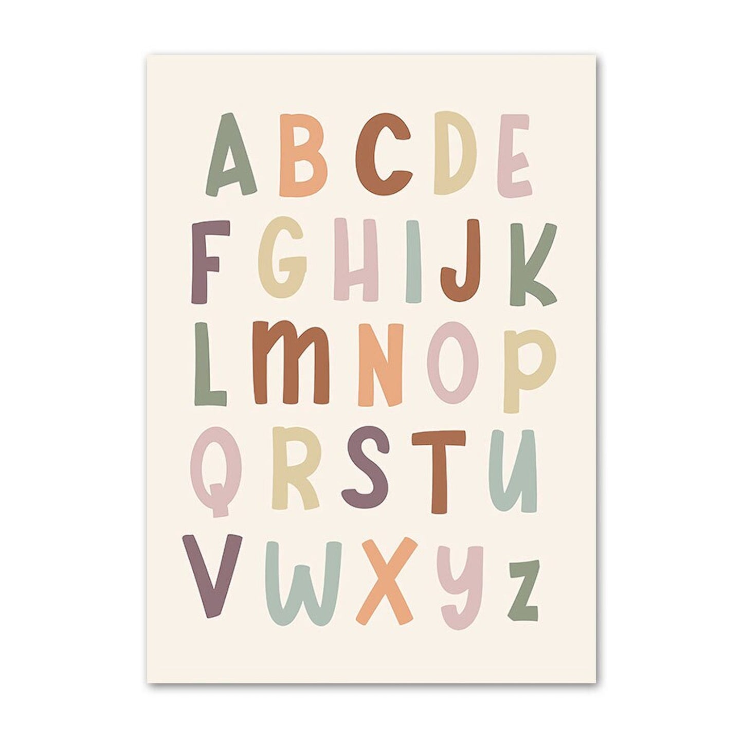 Buntes ABC-Poster mit stilvollen Buchstaben von A bis Z, perfekt für die kreative Gestaltung von Kinderzimmern, angeboten von justgoodmood, Titel: Kinder Zahlen Wochentage Wetter Monate Jahreszeiten und Begrüßung.