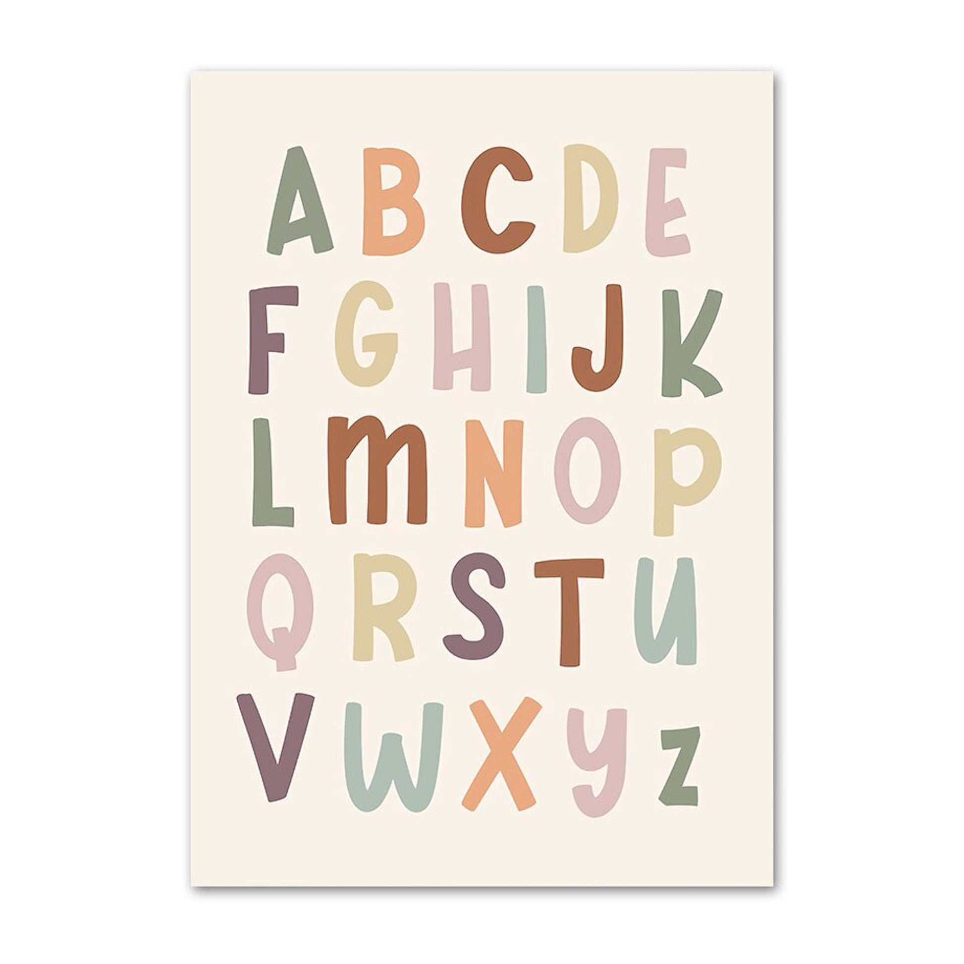 Buntes ABC-Poster mit stilvollen Buchstaben von A bis Z, perfekt für die kreative Gestaltung von Kinderzimmern, angeboten von justgoodmood, Titel: Kinder Zahlen Wochentage Wetter Monate Jahreszeiten und Begrüßung.