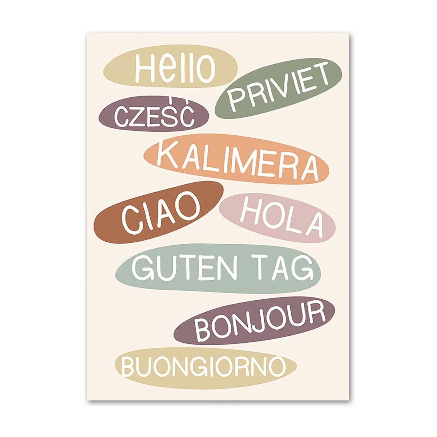 Fröhliches mehrsprachiges Begrüßungs-Poster von justgoodmood, das verschiedene Sprachen zeigt - perfekt zur Förderung des interkulturellen Lernens bei Kindern. Kinder Zahlen Wochentage Wetter Monate Jahreszeiten und Begrüßung als Deko Print ohne Rahmen.