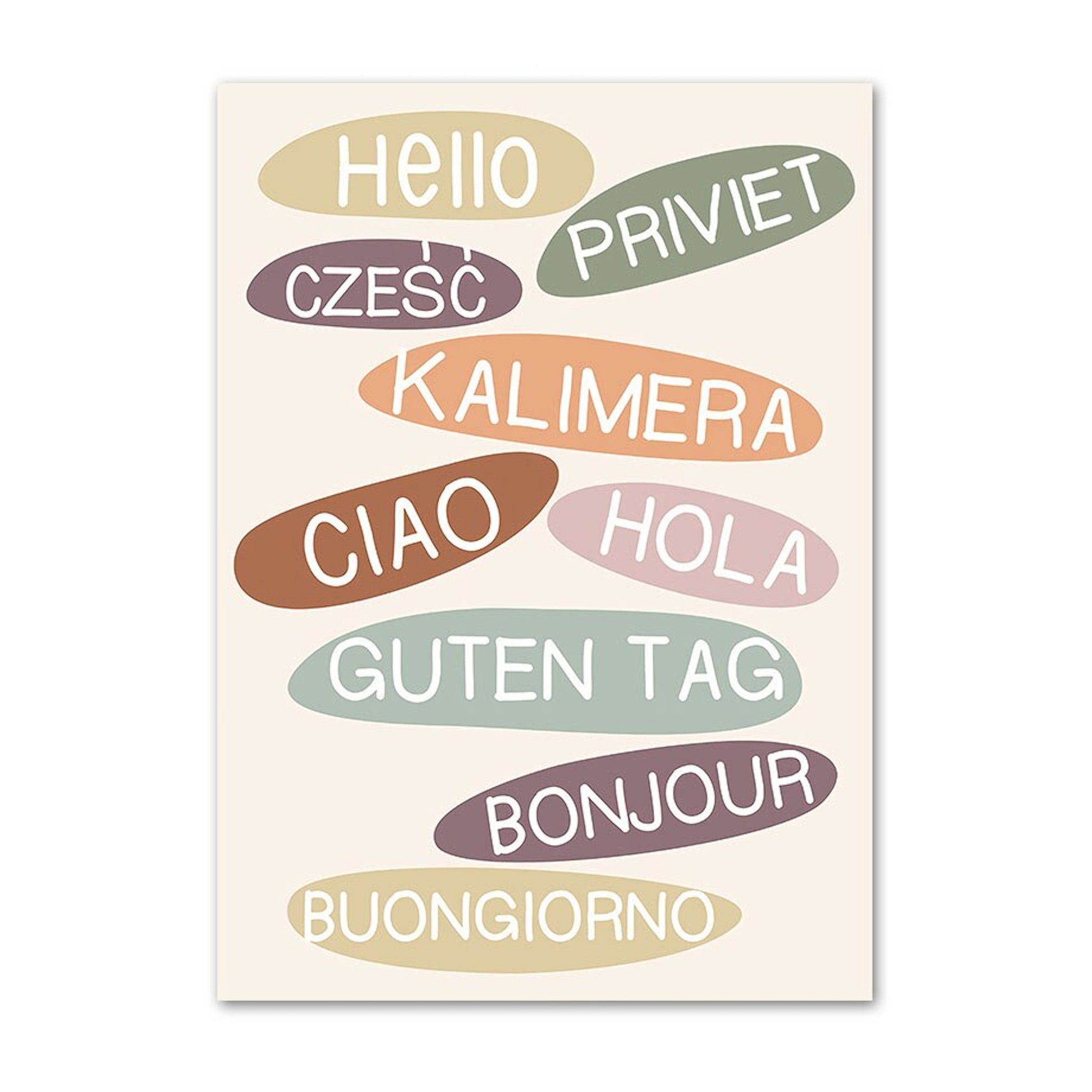 Fröhliches mehrsprachiges Begrüßungs-Poster von justgoodmood, das verschiedene Sprachen zeigt - perfekt zur Förderung des interkulturellen Lernens bei Kindern. Kinder Zahlen Wochentage Wetter Monate Jahreszeiten und Begrüßung als Deko Print ohne Rahmen.