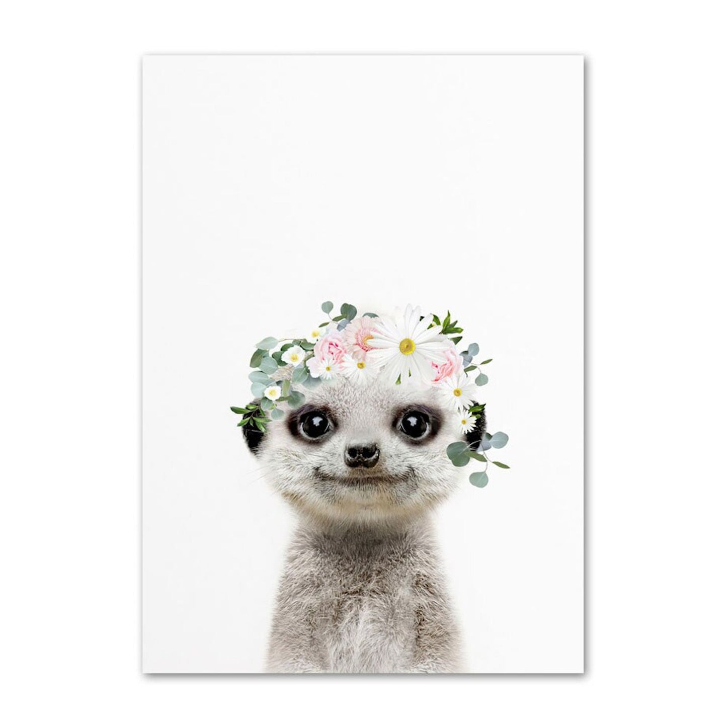 Lustiger Erdmännchen mit floraler Kopfbedeckung in einem Poster von justgoodmood. Helles Kinder Tiere mit Blumenkranz Design für verspielte Räume.