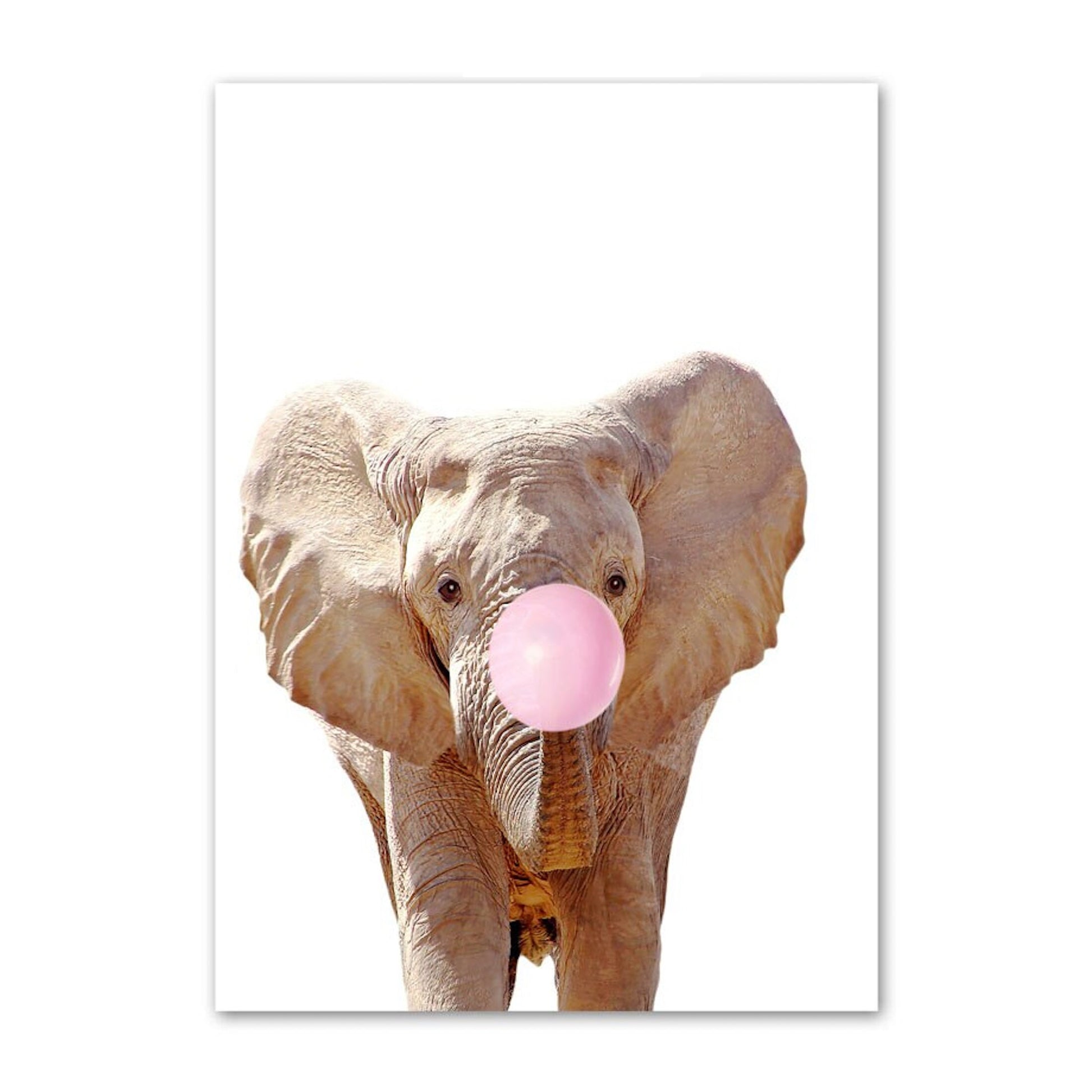 Herzallerliebster Elefant mit rosa Kaugummi, perfekt als Wanddeko, aus dem Poster von justgoodmood - Kinder Tiere mit rosa Kaugummi Panda Eule Alpaka Elefant Koala und Affe als Deko Print ohne Rahmen.