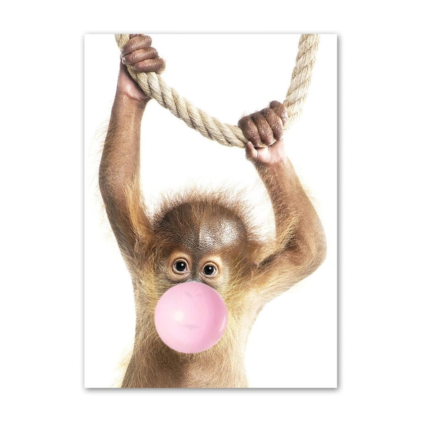 Verspielter Affe, der an einem Seil schwingt und rosa Kaugummi bläst, präsentiert im liebevollen Poster von justgoodmood - Kinder Tiere mit rosa Kaugummi Panda Eule Alpaka Elefant Koala und Affe als Deko Print ohne Rahmen.