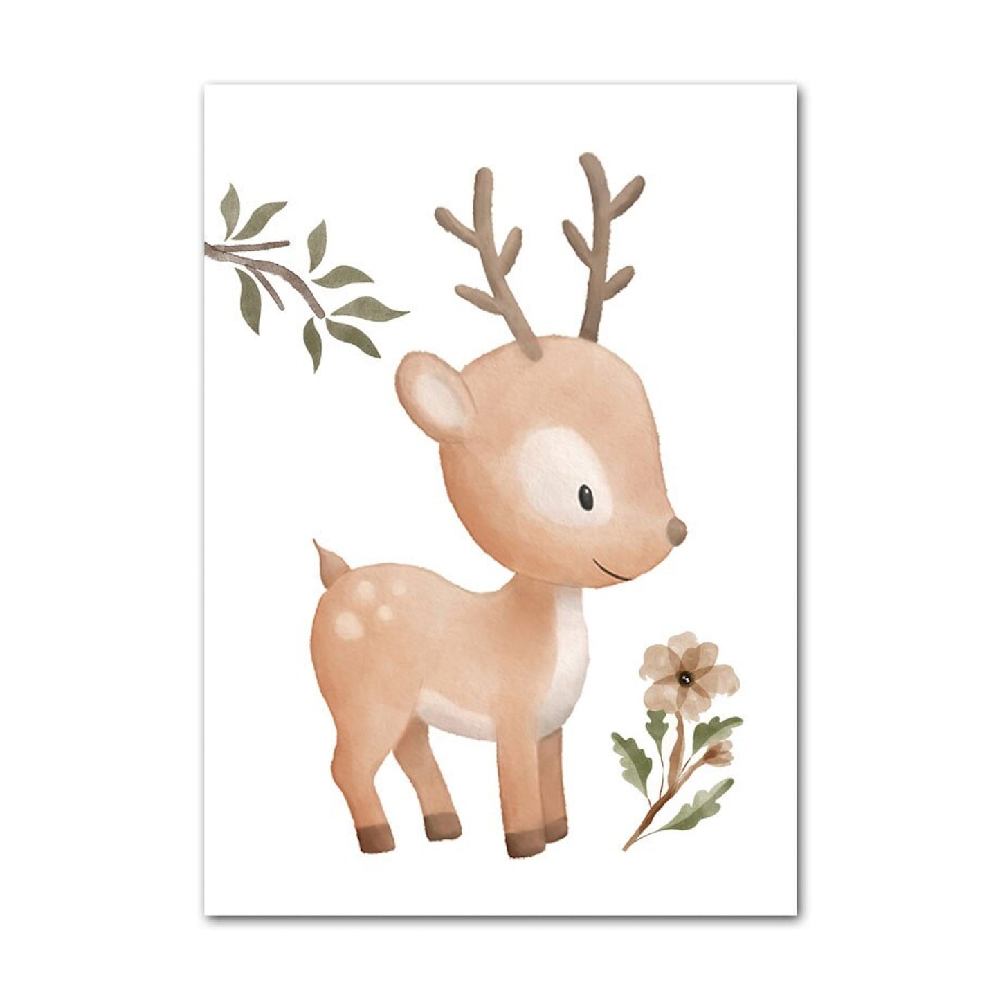 Lustiges Reh-Poster von JustGoodMood, Teil der Kinder Tiere Kollektion: Schmetterling, Fuchs, Eule, Hase, Reh und Bär, ideal für das Kinderzimmer.
