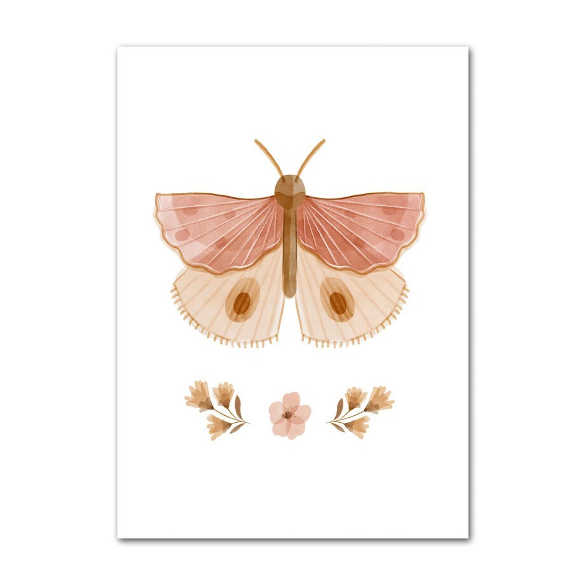 Elegante Schmetterlingsillustration mit floralen Akzenten für die Wandgestaltung. Bringen Sie Freude ins Kinderzimmer mit dem Poster von justgoodmood, 'Kinder Tiere: Schmetterling, Fuchs, Eule, Blumen, Hase, Reh und Bär'.