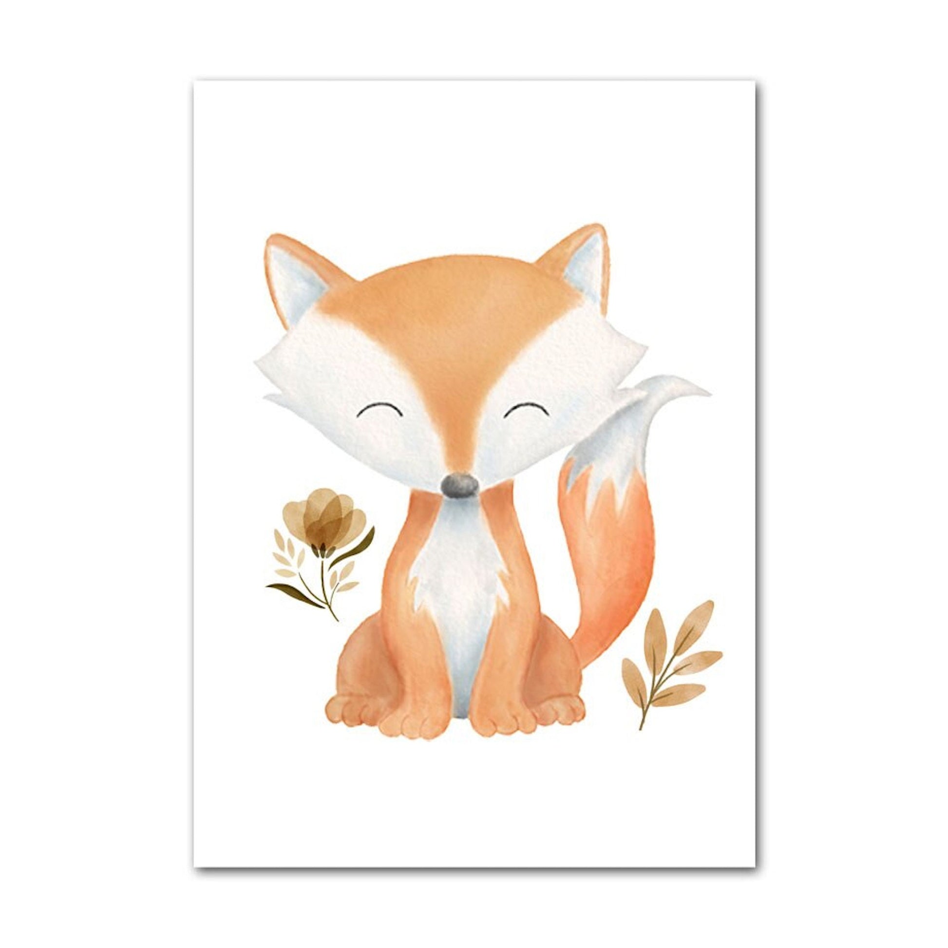 Niedlicher Fuchs mit einem fröhlichen Gesicht, umgeben von Blumen, ideal als Deko Print für Kinderzimmer, Poster von justgoodmood