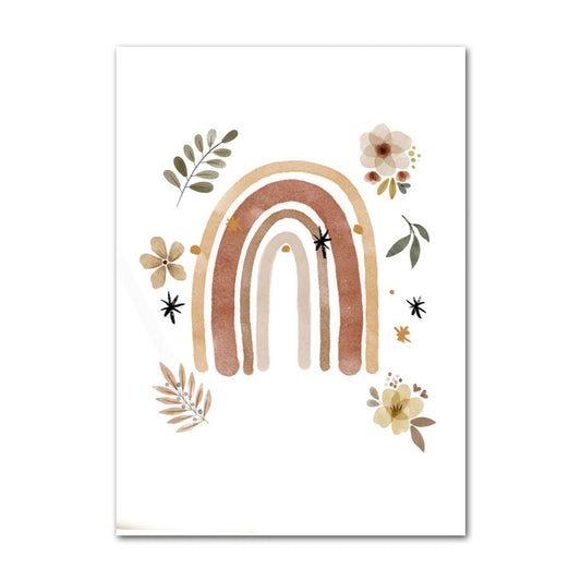 Niedlicher Wandposter von justgoodmood: künstlerische Darstellung eines Regenbogens mit floralen Elementen, ideal für Kinderzimmer-Dekoration.