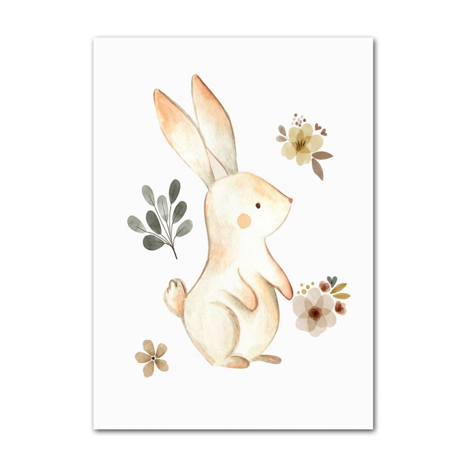 Niedlicher Hase mit Blumen und Blättern, der für Freude im Kinderzimmer sorgt, erhältlich als Kunstwerk von justgoodmood - Poster Kinder Tiere Regenbogen Sternschnuppe.