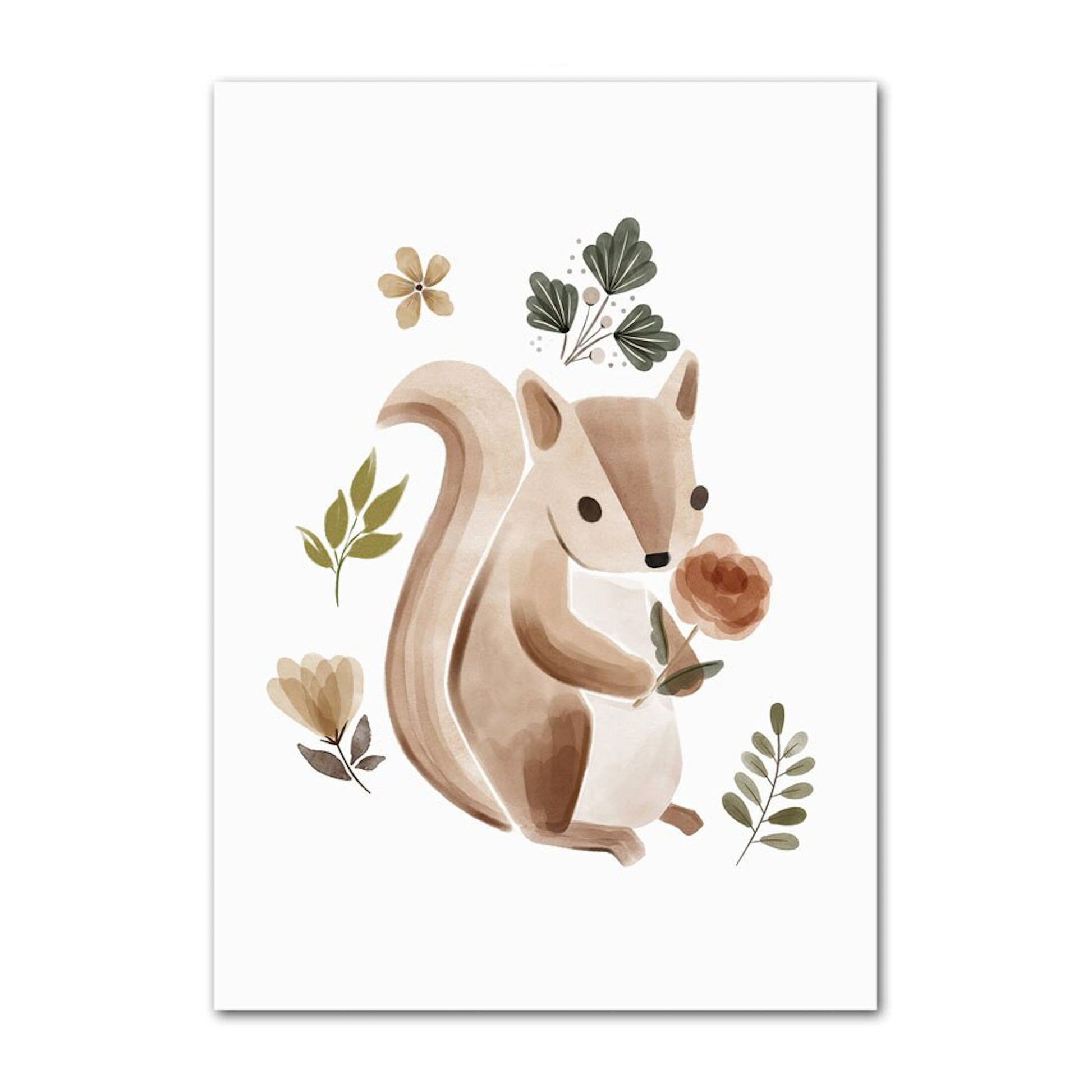 Charmantes Poster von justgoodmood mit einem fröhlichen Eichhörnchen, das eine Blume hält, ideal für kinderfreundliche Räume im Boho Stil.