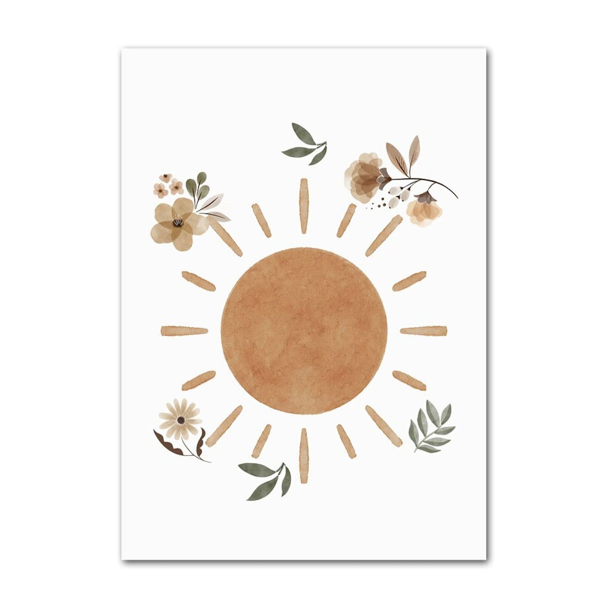 Warmes Sonnenposter mit Blumenarrangements von justgoodmood, perfekt für die Kinderzimmerdekoration im Boho Stil.