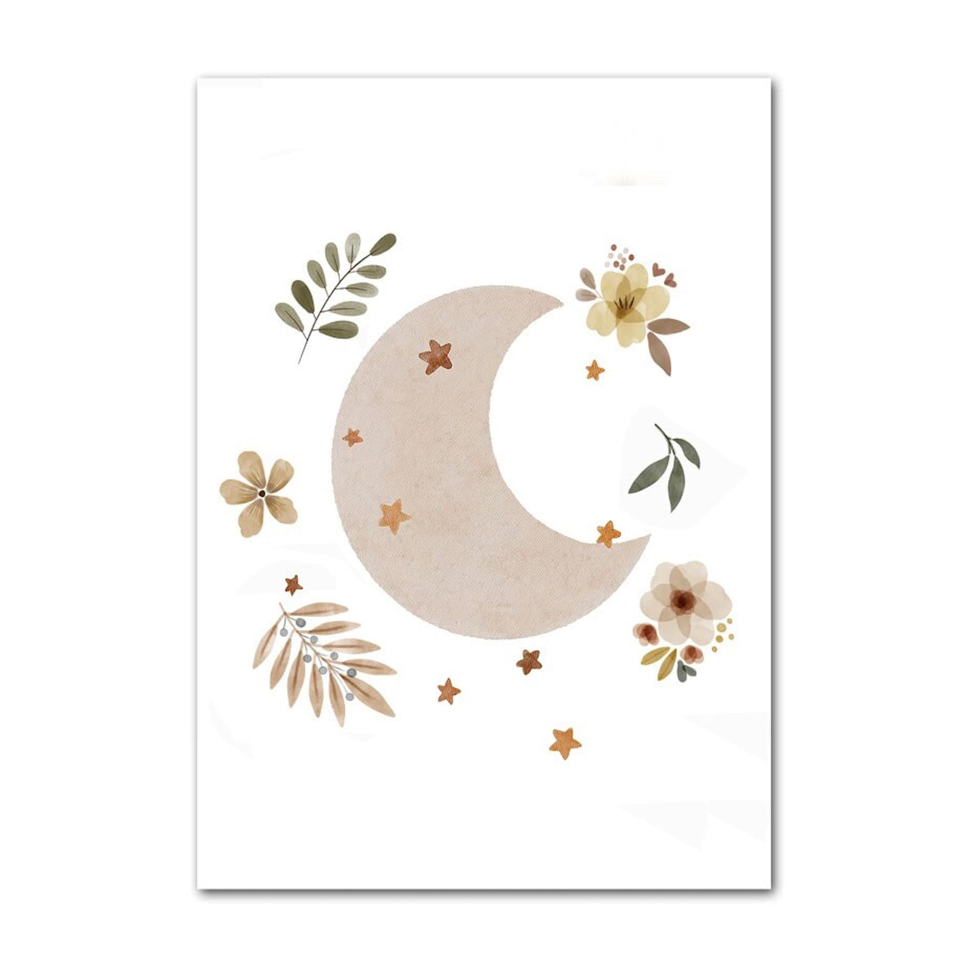 Sternen- und Mondmotiv umgeben von Blumen auf einem Poster von justgoodmood, schöner Boho Stil, perfekt für die Dekoration eines Kinderzimmers.