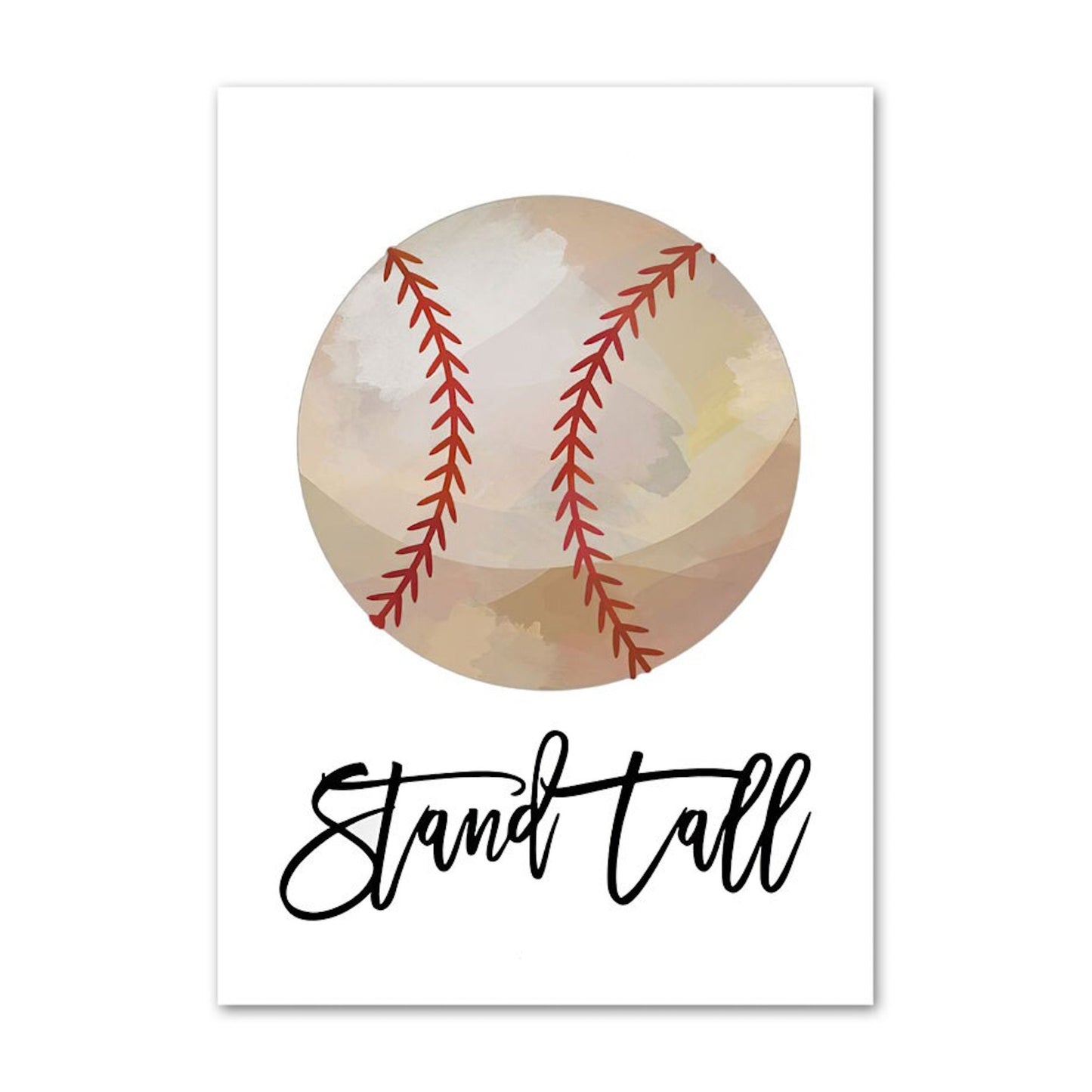 Dieses kreative Poster von justgoodmood zeigt eine farbenfrohe Baseball-Illustration und den motivierenden Text "Stand Tall" für jedes Kinderzimmer oder Spielbereich.