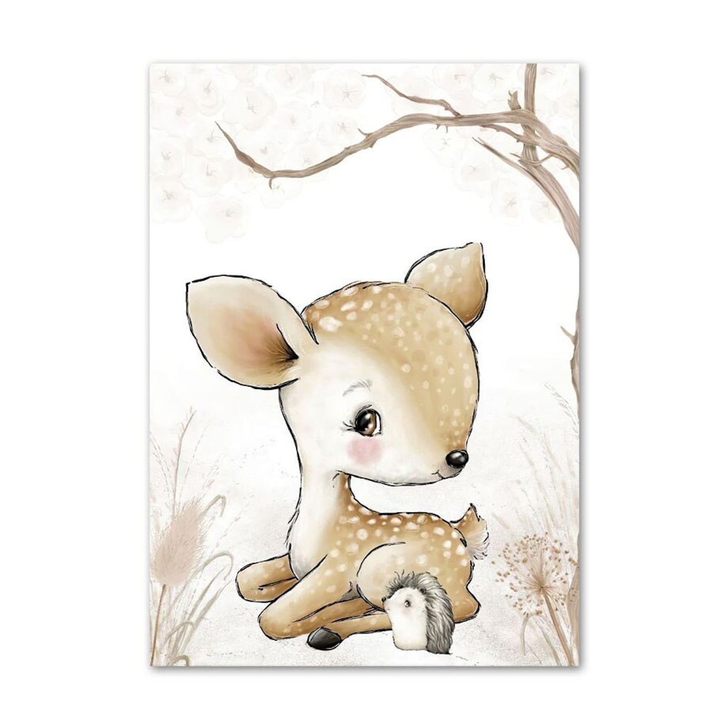 Bezauberndes Poster eines Rehes und eines Igels in sanften Farben, perfekt für die Kinderzimmer Deko von justgoodmood mit dem Motto "Sei Frech, Wild und Wunderbar".
