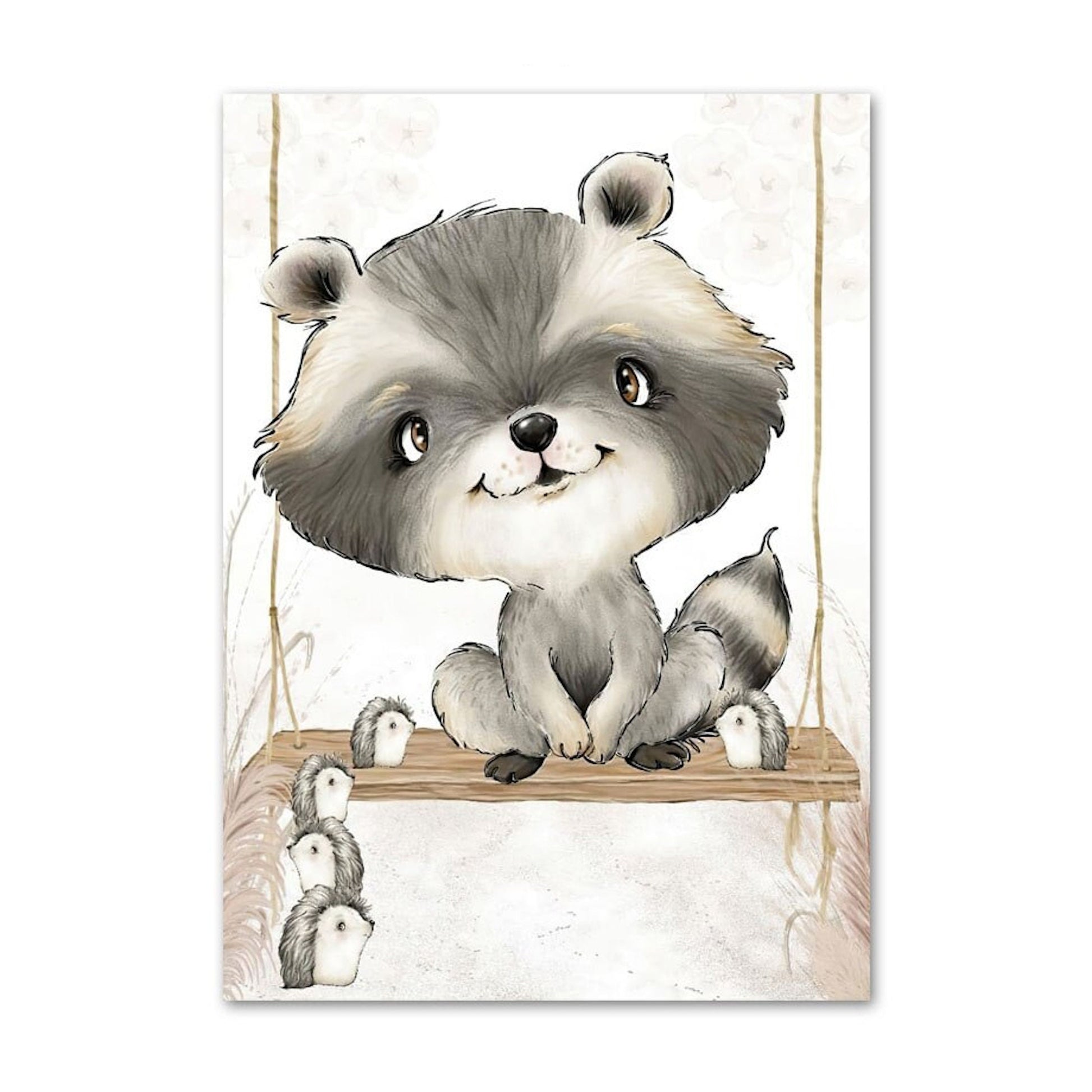 Lustiges Wandbild eines Waschbären, der auf einer Schaukel sitzt, ideal für kreative Kinderzimmerideen von justgoodmood, zusammen mit dem Spruch "Sei Frech, Wild und Wunderbar".