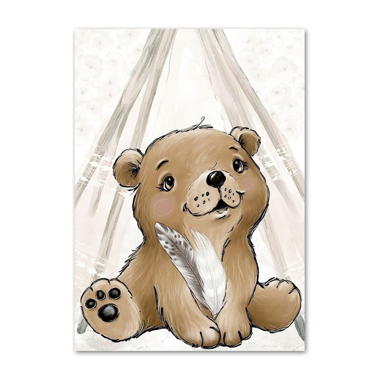 Niedliches Bild eines Bären mit einem Pfotenabdruck und einer Feder, ideal für die Kindergestaltung von justgoodmood, das den Spruch "Sei Frech, Wild und Wunderbar" zeigt.