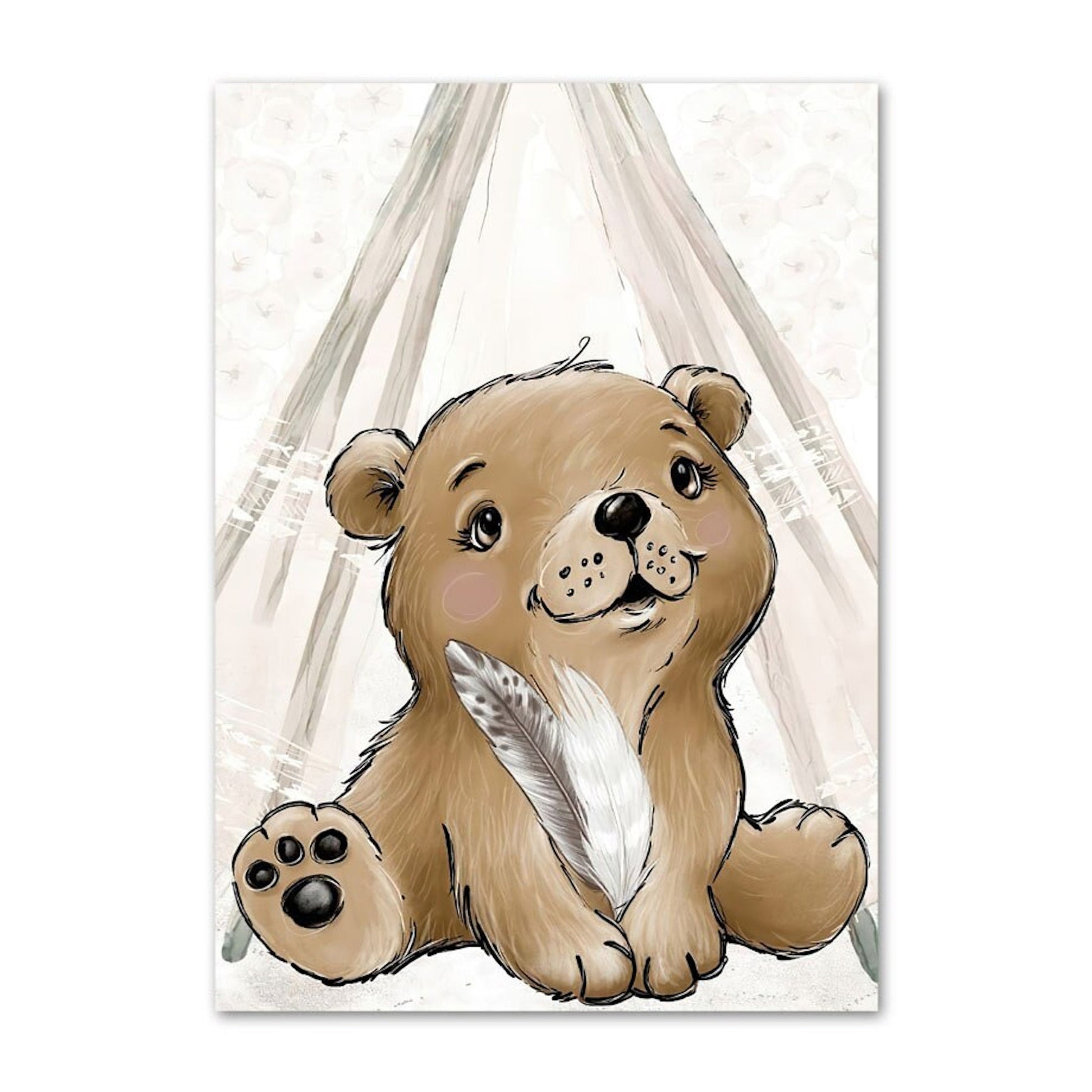 Niedliches Bild eines Bären mit einem Pfotenabdruck und einer Feder, ideal für die Kindergestaltung von justgoodmood, das den Spruch "Sei Frech, Wild und Wunderbar" zeigt.