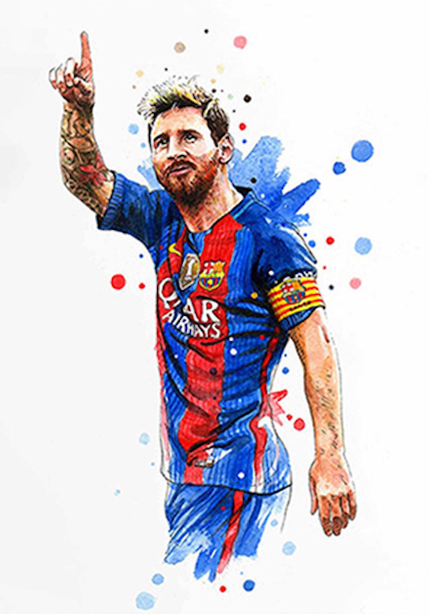 Künstlerisches Poster von Lionel Messi, der im FC Barcelona Trikot jubelt. Perfekte Wanddekoration für Fußballfans von justgoodmood.