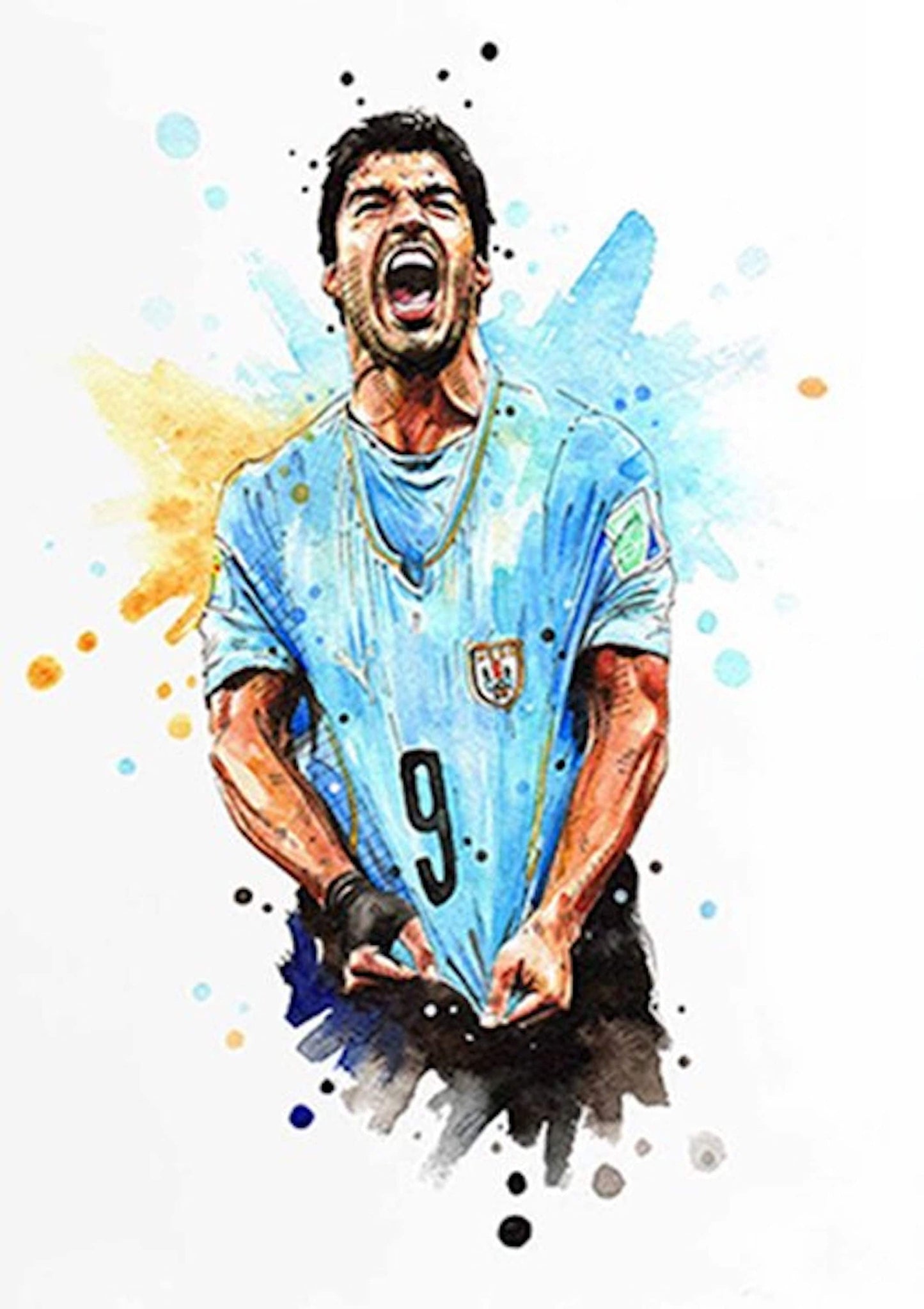 Starkes Poster von Luis Suarez im uruguayischen Trikot, voller Leidenschaft. Eine großartige Deko für Sportenthusiasten von justgoodmood.