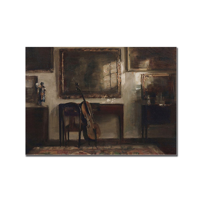 Elegant image of a violin resting in a cozy room, perfect for music lovers. Bringen Sie mit dem Poster Vintage Galerie Wand Kunst Set Blume Vogel Pfirsisch Klavier von justgoodmood einen Hauch von Kultur in Ihr Zuhause.