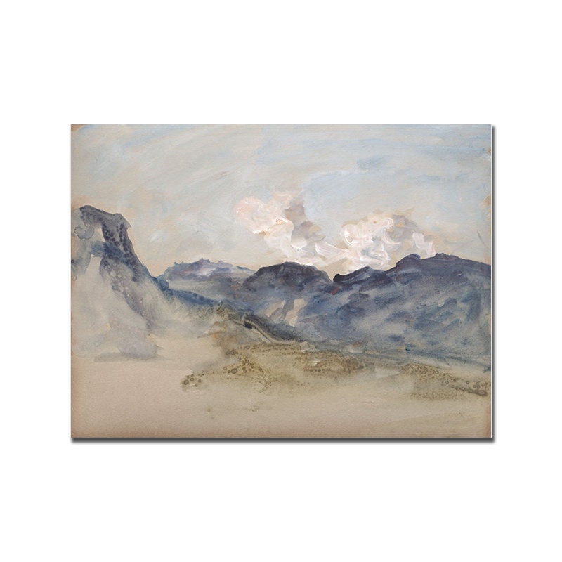 Ein stilvolles Vintage Poster von justgoodmood, das eine romantische Berglandschaft in sanften Farben darstellt.