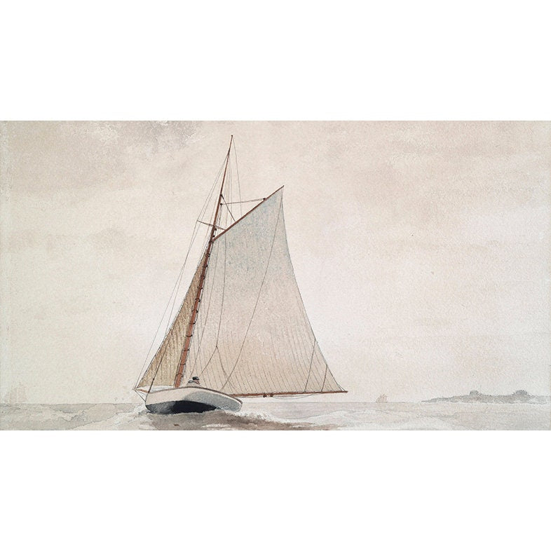 Ein wunderschönes Vintage Poster von justgoodmood zeigt ein Segelschiff auf ruhiger See, ideal für kreative Wandgestaltung.