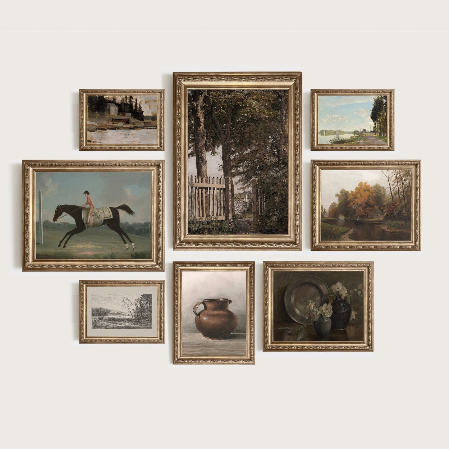 Ein stilvolles Set von Vintage Wandkunst mit Landschaft und Bauernhofmotiven, einschließlich eines Pferdes, perfekt für die Wandgestaltung, erhältlich bei justgoodmood.