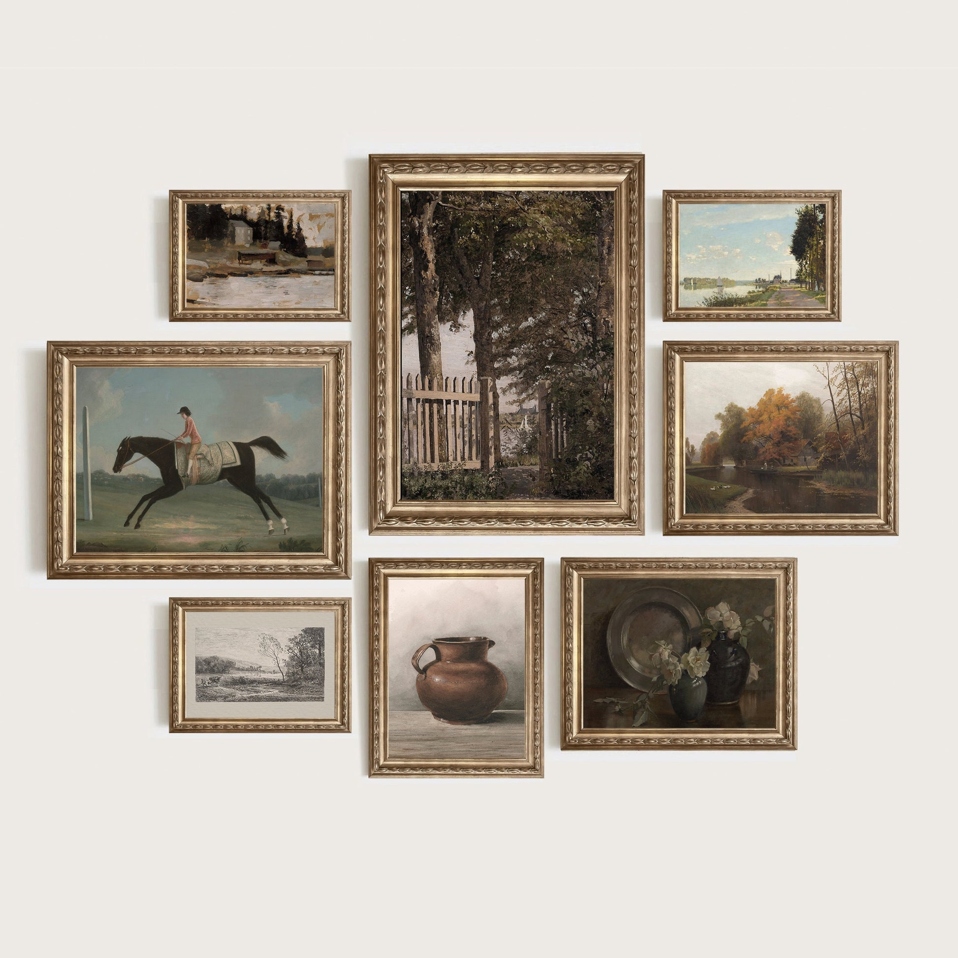 Ein stilvolles Set von Vintage Wandkunst mit Landschaft und Bauernhofmotiven, einschließlich eines Pferdes, perfekt für die Wandgestaltung, erhältlich bei justgoodmood.