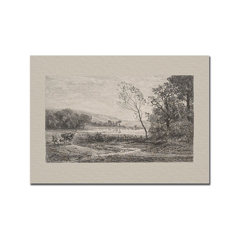 Bezauberndes Vintage Poster von justgoodmood, das eine ländliche Landschaft mit Kühen zeigt. Ideal als Wandkunst für Bauernhof-Themen.