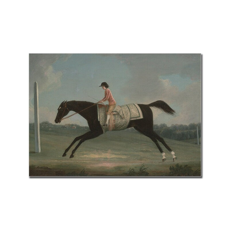 Beeindruckendes Vintage Poster von justgoodmood, das ein Pferd mit Reiter in voller Aktion zeigt. Perfekt für Pferdeliebhaber und lebendige Wandgestaltungen.